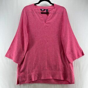 Lands End Tops Sz S 3/4 Sleeves Split Neck Tunic Lagenlook Linen Blend Boho Pink